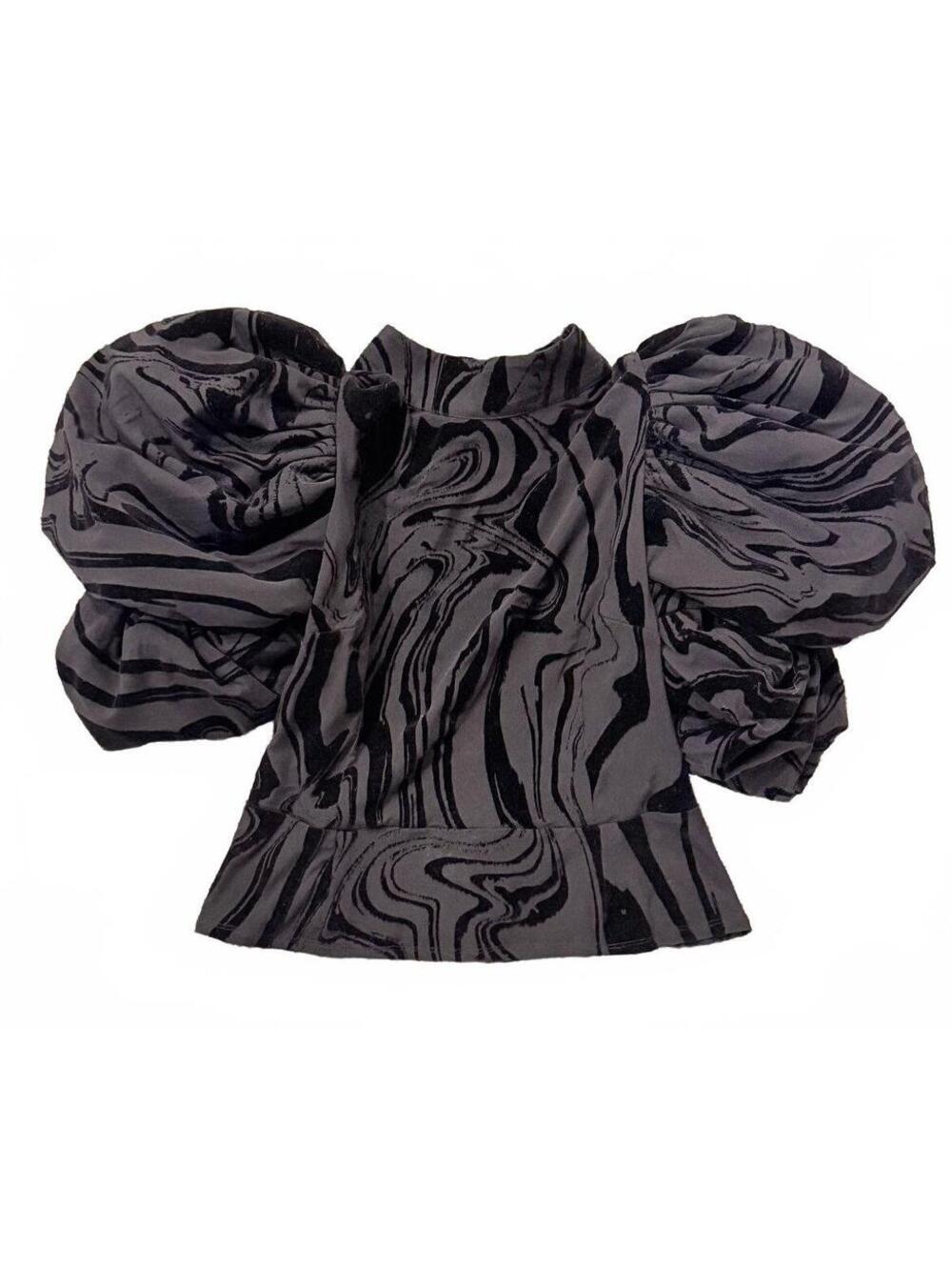 ROTATE Birger Christensen Dusk Flocked Velvet Mesh Top Black Marble Puff US 10